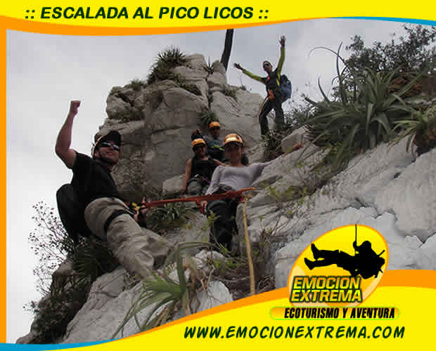 EL PICO LICOS EN LA HUASTECA SE ESACALA POR LA ROCA DE LA ARISTA HASTA SU CUMBRE A 180 MTS DE ALTURA. BAJARAS 3 RAPELES 10 MTS, 60 MTS. Y 30 MTS. ATREVETE A VIVIR LA AVENTURA CON WWW.EMOCIONEXTREMA.COM