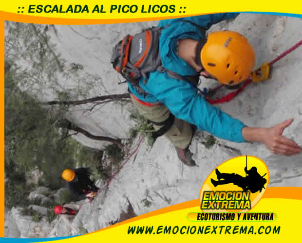 EL PICO LICOS EN LA HUASTECA SE ESACALA POR LA ROCA DE LA ARISTA HASTA SU CUMBRE A 180 MTS DE ALTURA. BAJARAS 3 RAPELES 10 MTS, 60 MTS. Y 30 MTS. ATREVETE A VIVIR LA AVENTURA CON WWW.EMOCIONEXTREMA.COM